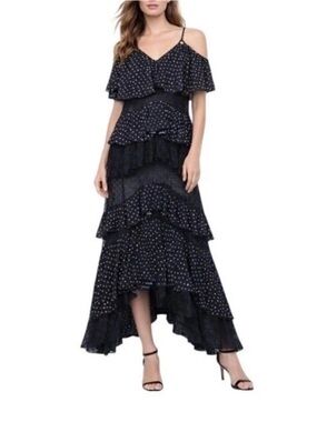 IXIAH Black Floral Tiered Maxi Dress Ruffle Sheer Boho Cottagecore Size 6 Luxury